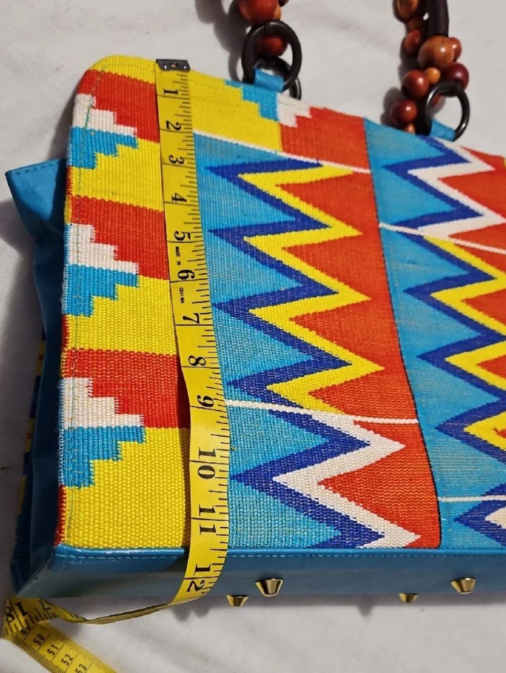 Colorful Zigzag Tribal Satchel with Beaded Handles — Multicolor